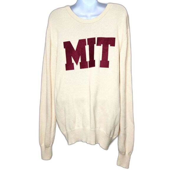 MIT Sweater The Coop100% Off White Cotton Knit Applique Lettering Academia - Picture 3 of 8